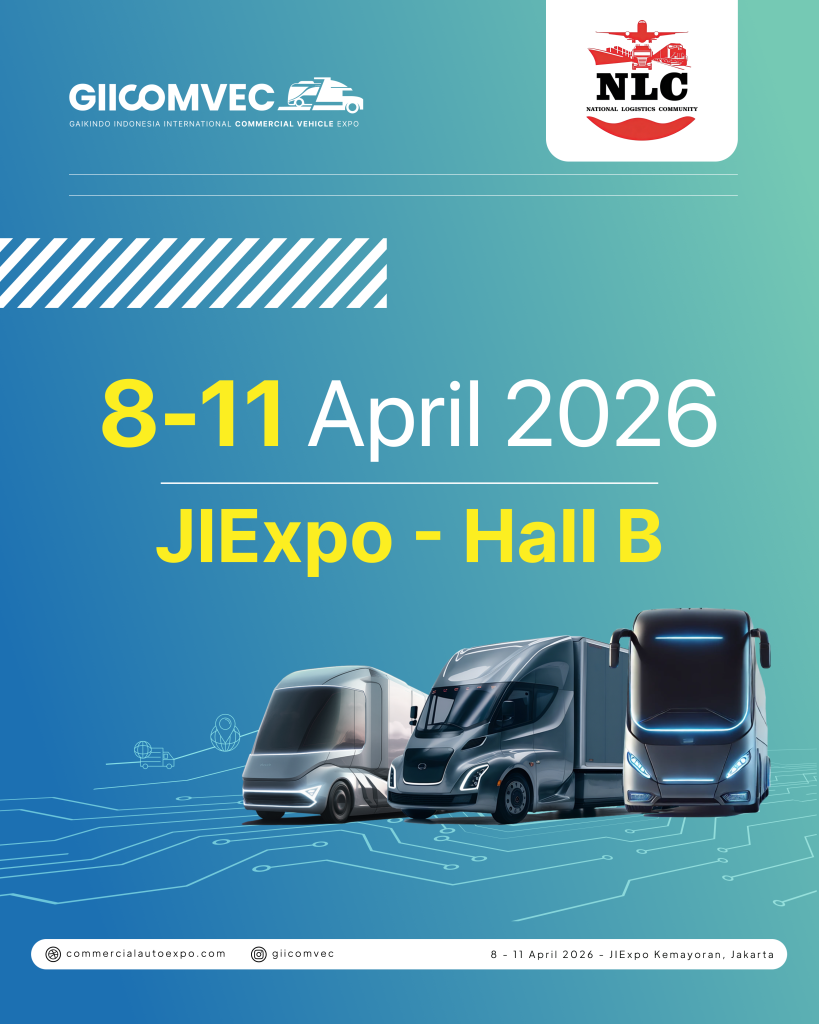 Banner resmi GIICOMVEC 2026 dengan dukungan National Logistics Community NLC, menampilkan jadwal pameran 8-11 April 2026 di JIExpo Hall B.