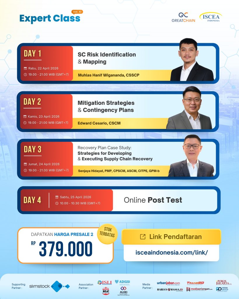 Poster Expert Class Vol. XI: Supply Chain Risk, Resilience & Continuity Planning - Kolaborasi ISCEA Indonesia dan National Logistics Community (NLC)