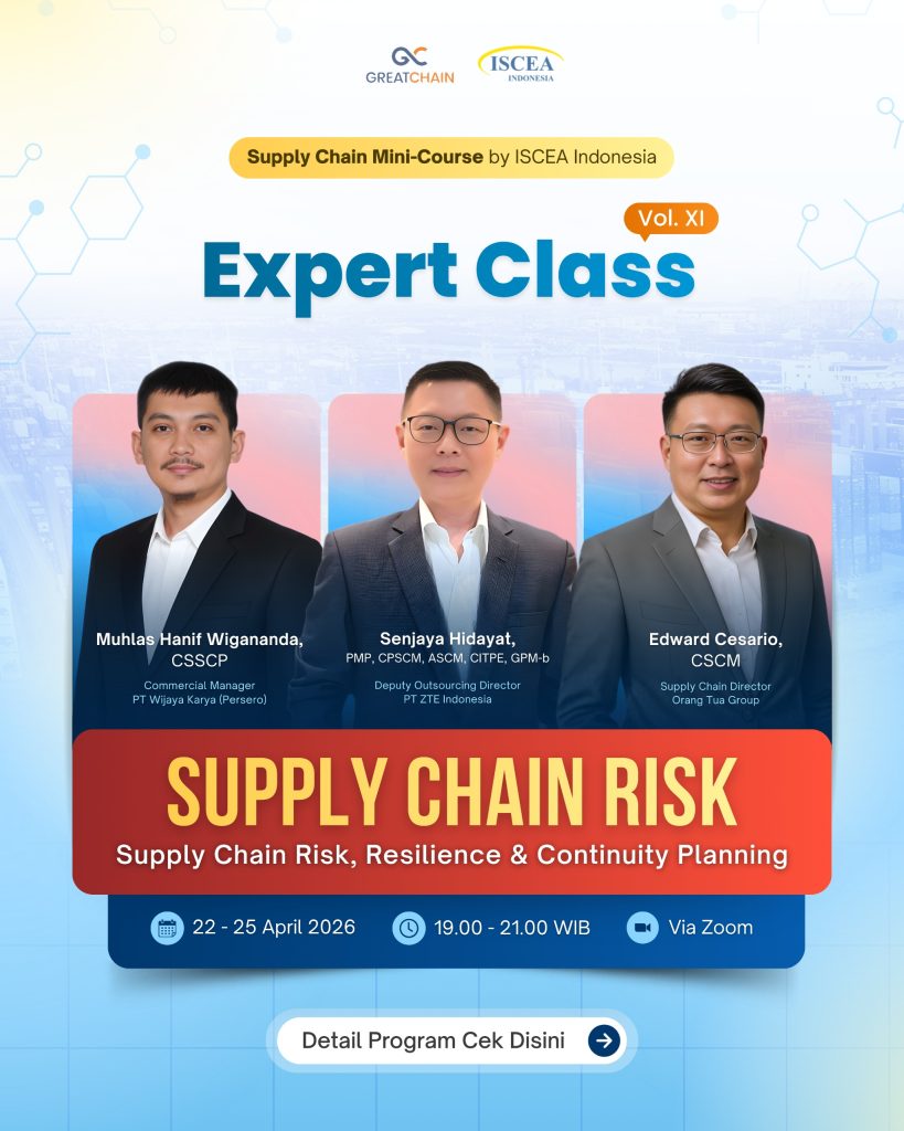 Poster Expert Class Vol. XI: Supply Chain Risk, Resilience & Continuity Planning - Kolaborasi ISCEA Indonesia dan National Logistics Community (NLC)