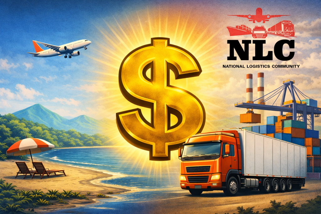 paradoks logistik vs pariwisata dengan simbol dolar di tengah