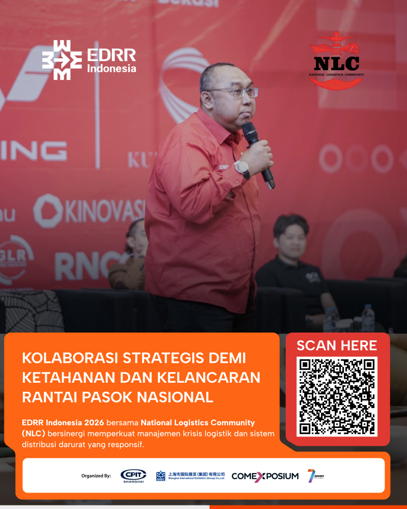 Poster kolaborasi strategis EDRR Indonesia 2026 dan National Logistics Community (NLC) untuk ketahanan dan kelancaran rantai pasok nasional.